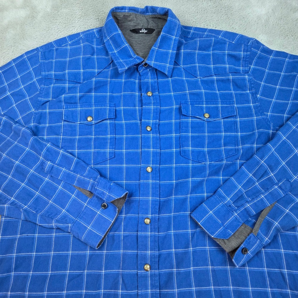 Wrangler Western Snap Shirt Mens XL Windowpane Plaid Long Sleeve Workwear Blue